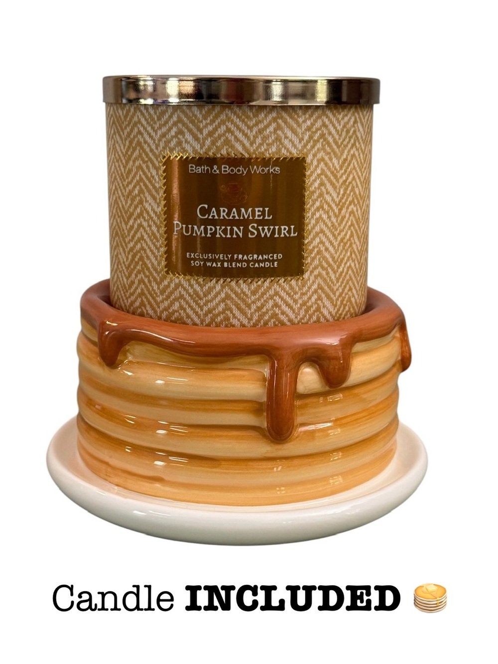 Bath & Body Works PANCAKE STACK 3-Wick Candle Holder Carmel Pumpkin Swirl Set
